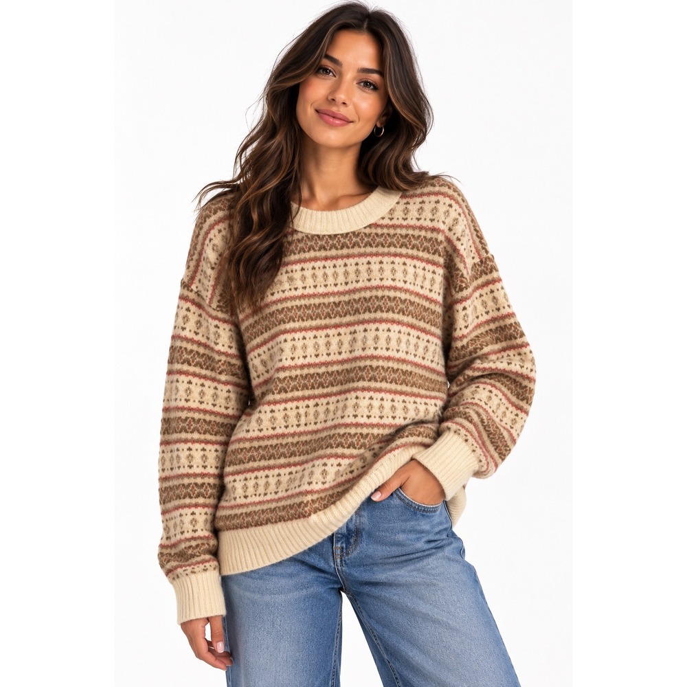 American Eagle Womens Fair Isle Crewneck Sweater Cream Tan Brown Large Oversized